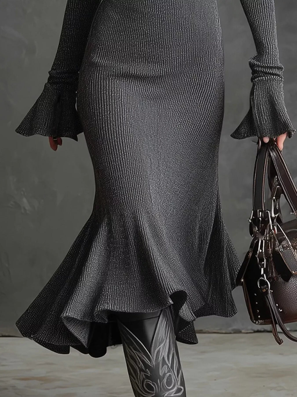 Metallic ribbed midi dress with flared cuffs and hem, paired with printed leggings and brown bag