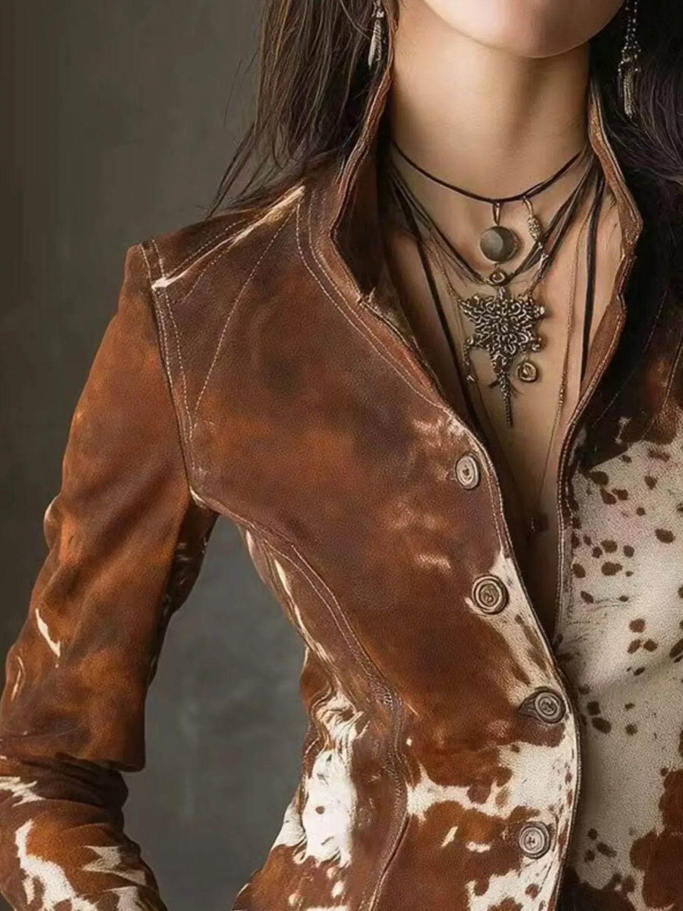 Woman wearing a brown and white tie-dye blazer with layered boho necklaces