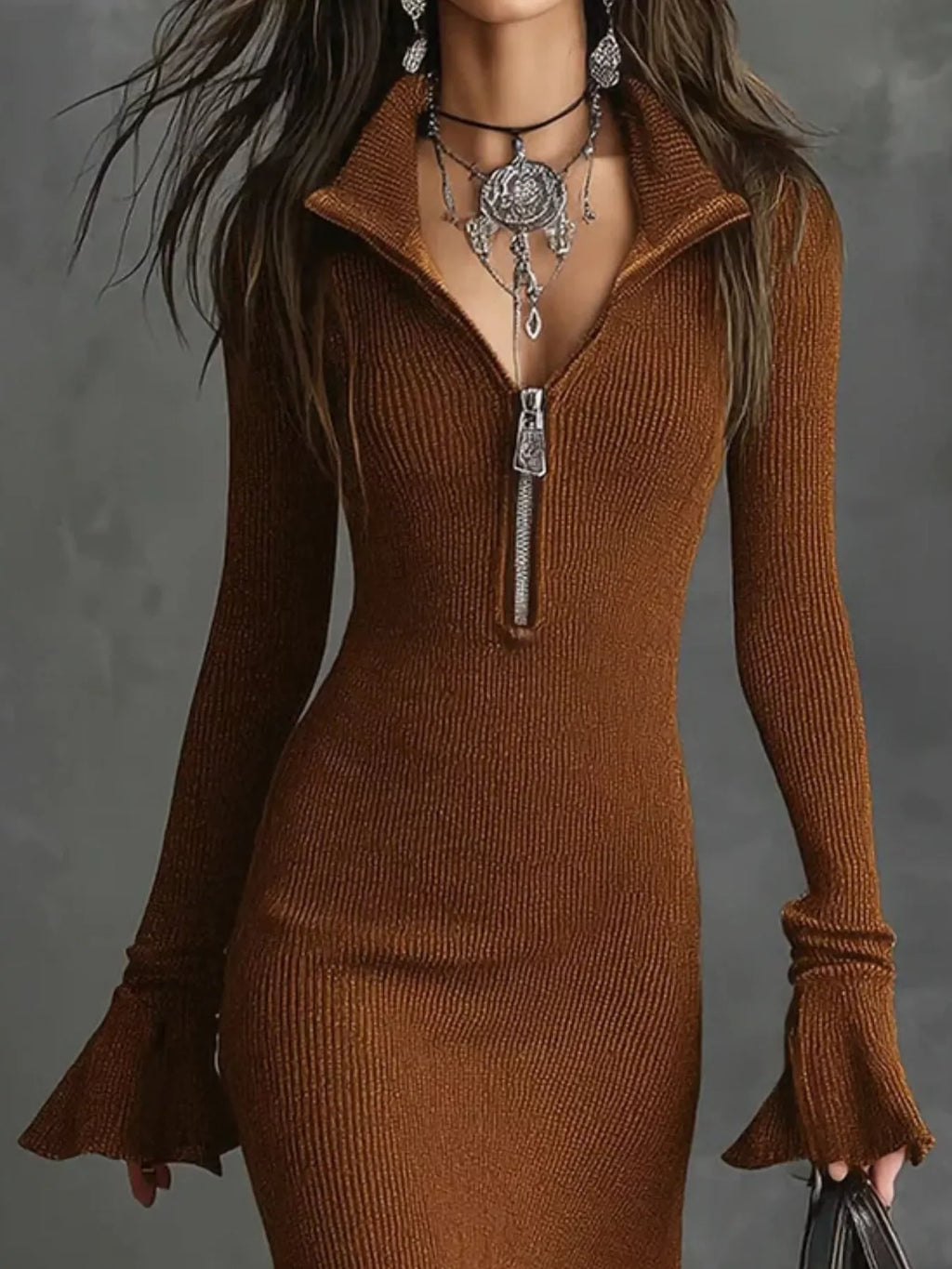 Brown ribbed knit bodycon dress with zipper collar and flared sleeves, layered necklace