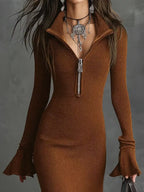 Brown ribbed knit bodycon dress with zipper collar and flared sleeves, layered necklace
