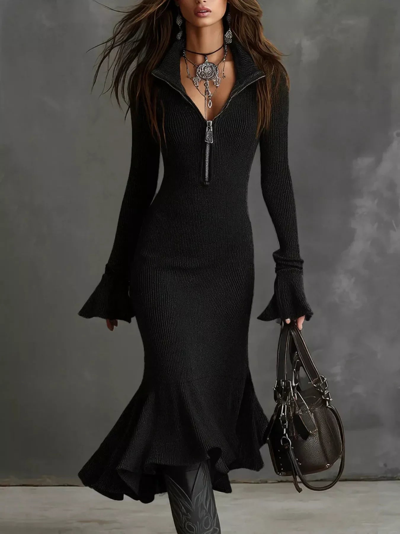 Woman in fitted black ribbed knit dress with zipper collar, statement jewelry, holding black handbag