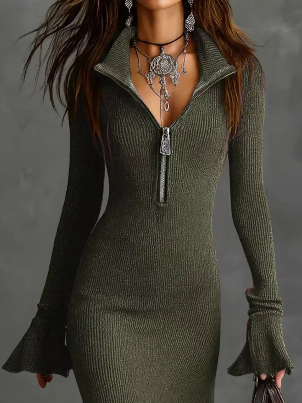 Ribbed knit zip-front bodycon dress in olive green with flared cuffs and layered necklaces.