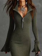Ribbed knit zip-front bodycon dress in olive green with flared cuffs and layered necklaces.