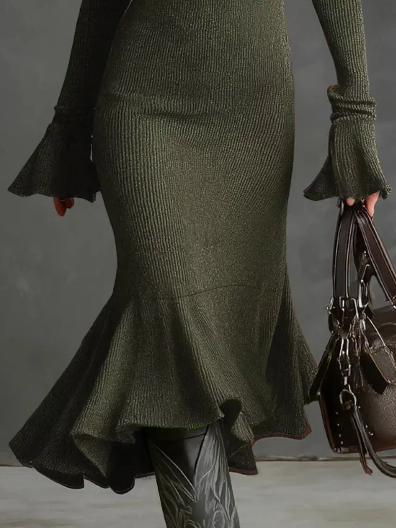 Metallic green ribbed midi dress with flared cuffs and hem, paired with black boots and bag