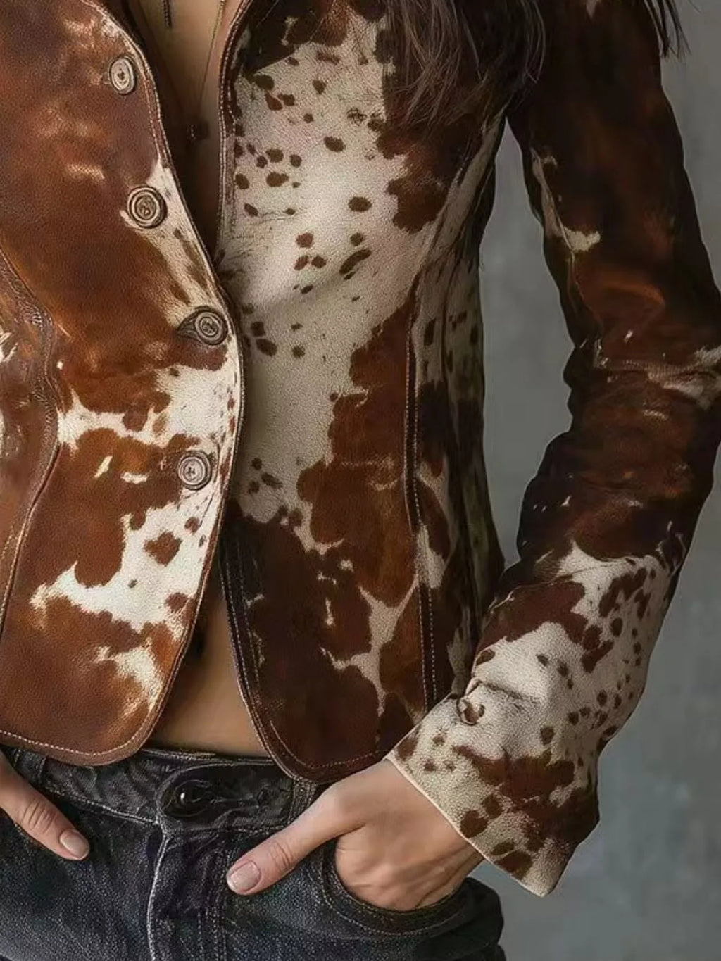 Brown and white cow print jacket with button details, paired with dark denim jeans