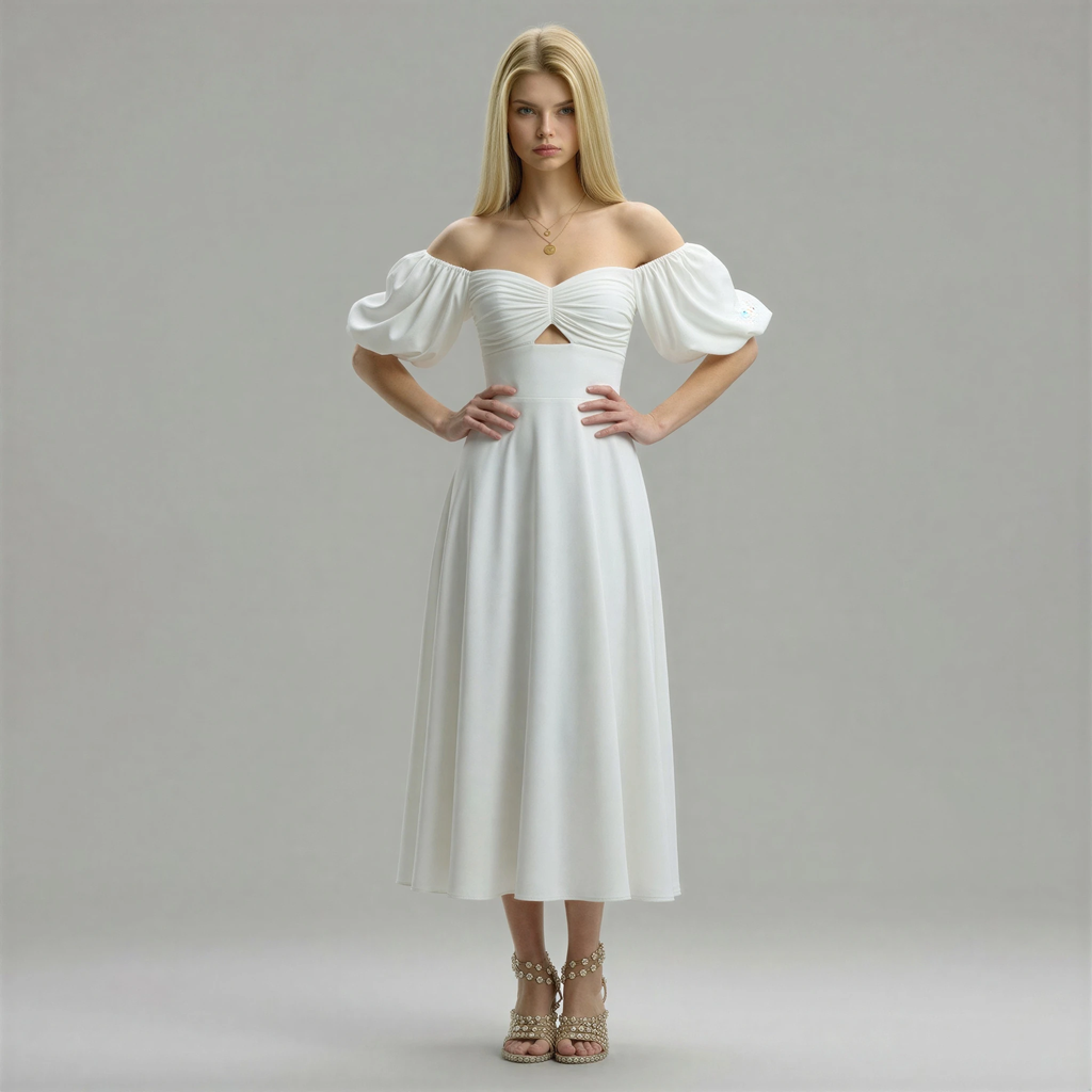 Twisted Front Puff Sleeve Midi Dress