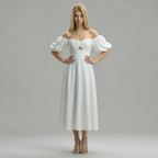 Twisted Front Puff Sleeve Midi Dress