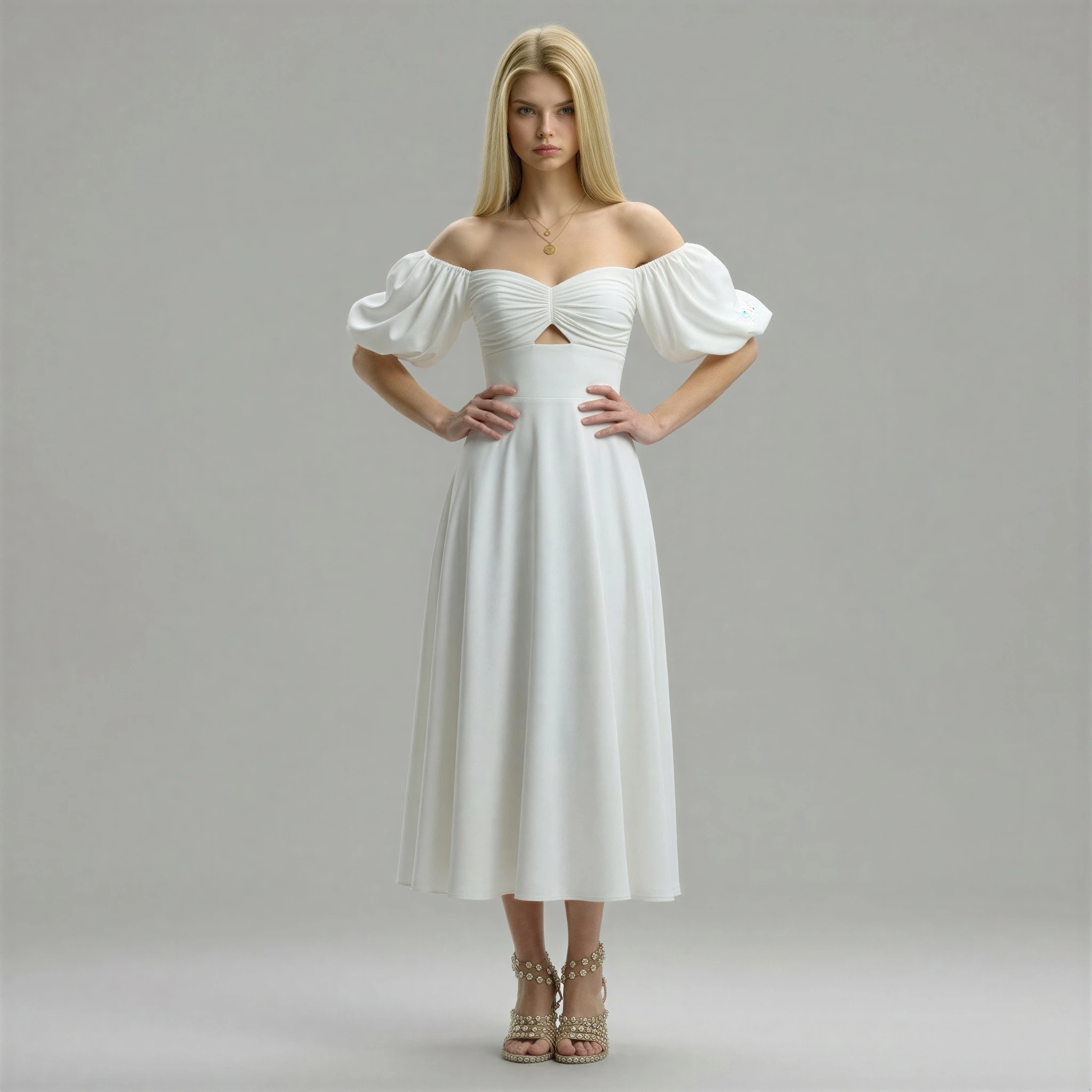 Twisted Front Puff Sleeve Midi Dress